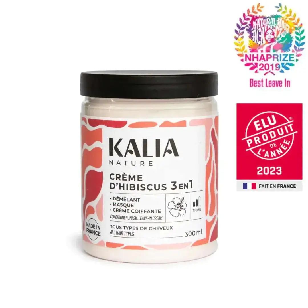 Kalia Nature Crème D'hibiscus 3 en 1 - Natural Crown Beauty - Pot vue de face avec le logo 'ELU produit de l'année 2023', soulignant la reconnaissance et la qualité du produit